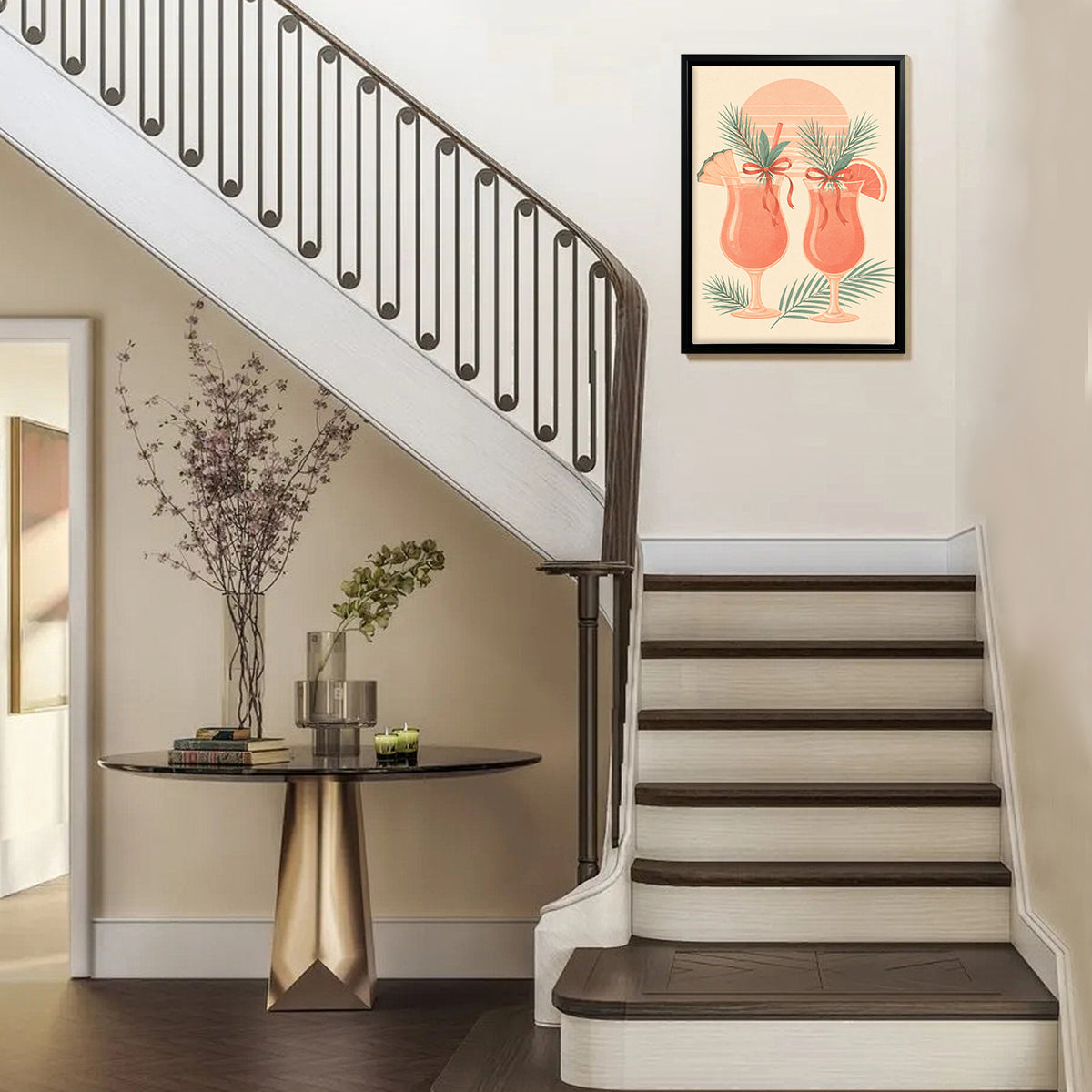 Framed Tropical Sunset Cocktails Art Print, Vintage Style, High-Quality Matte Finish, Perfect for Home Decor in California