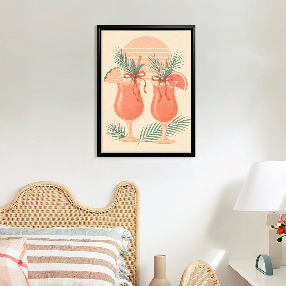 Framed Tropical Sunset Cocktails Art Print, Vintage Style, High-Quality Matte Finish, Perfect for Home Decor in California