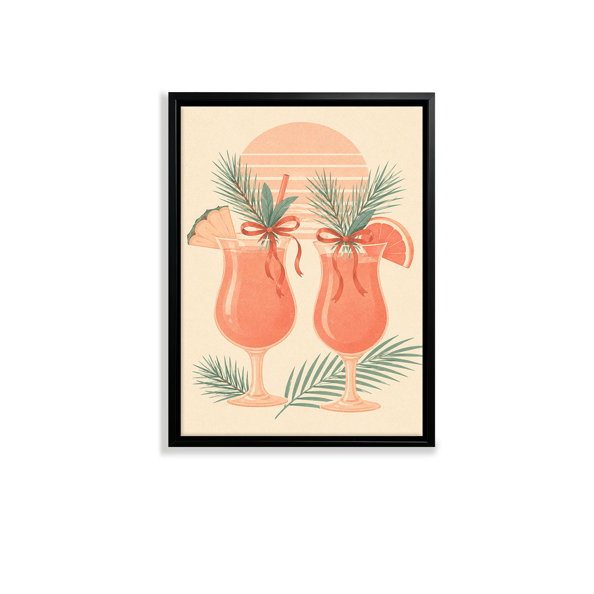 Framed Tropical Sunset Cocktails Art Print, Vintage Style, High-Quality Matte Finish, Perfect for Home Decor in California