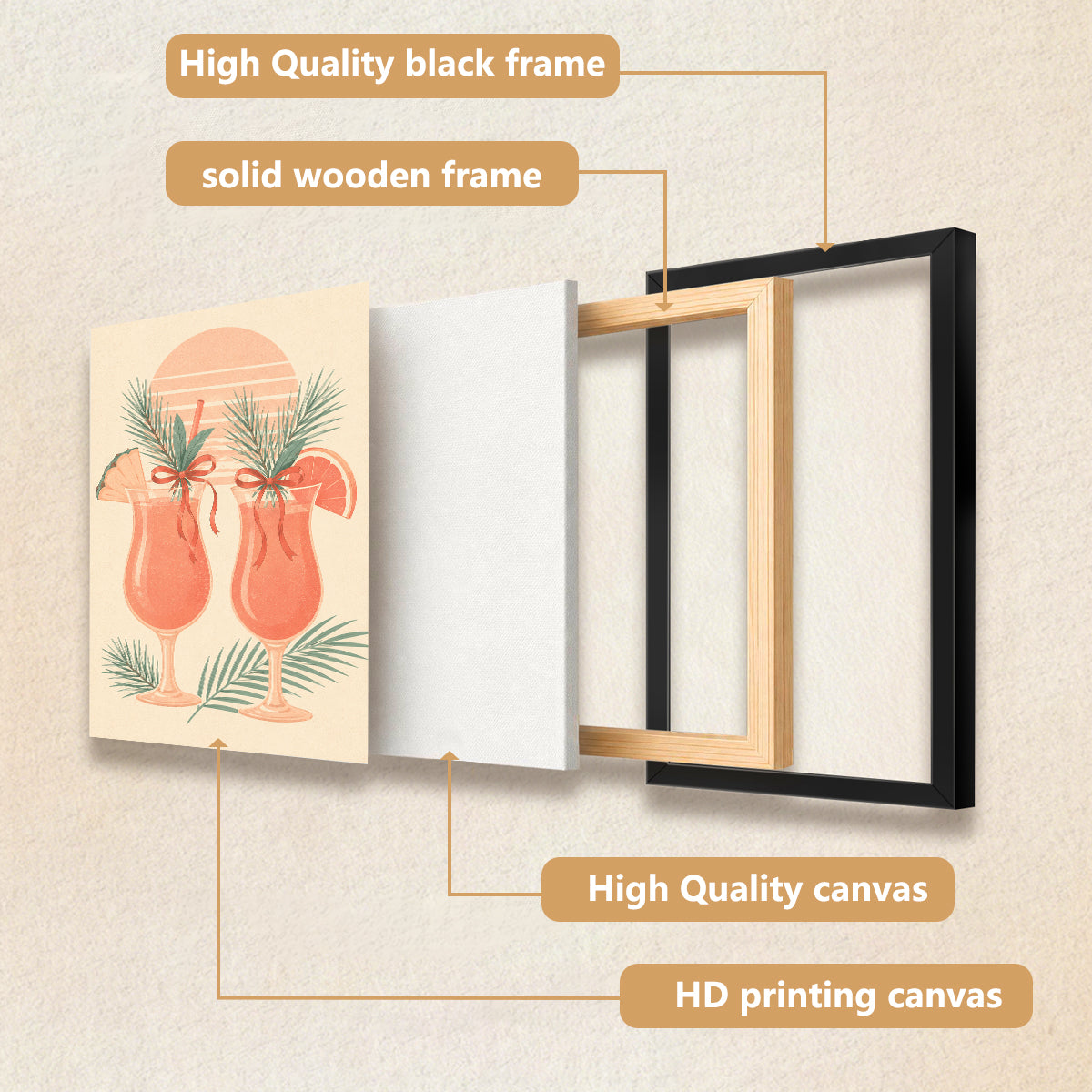 Framed Tropical Sunset Cocktails Art Print, Vintage Style, High-Quality Matte Finish, Perfect for Home Decor in California