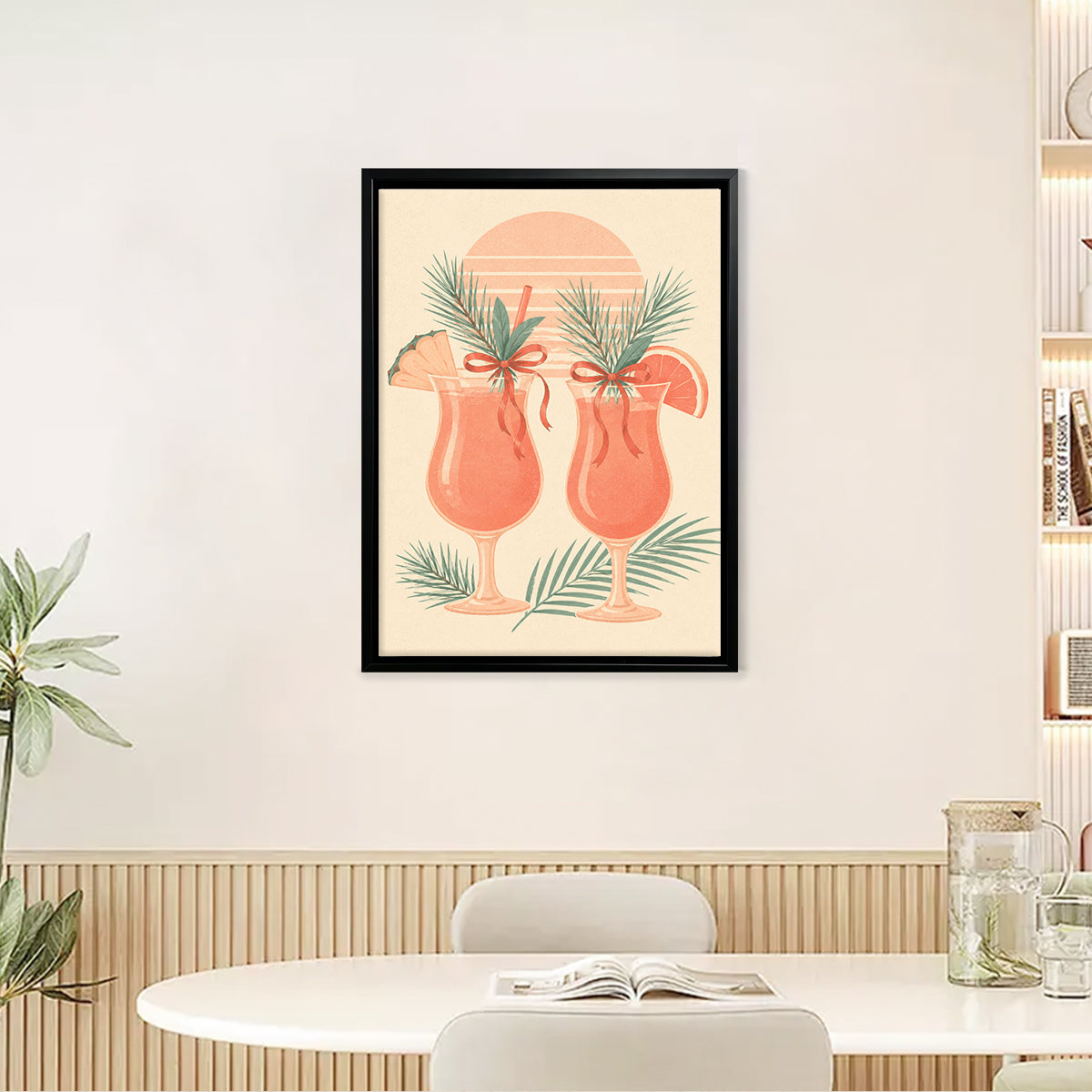 Framed Tropical Sunset Cocktails Art Print, Vintage Style, High-Quality Matte Finish, Perfect for Home Decor in California