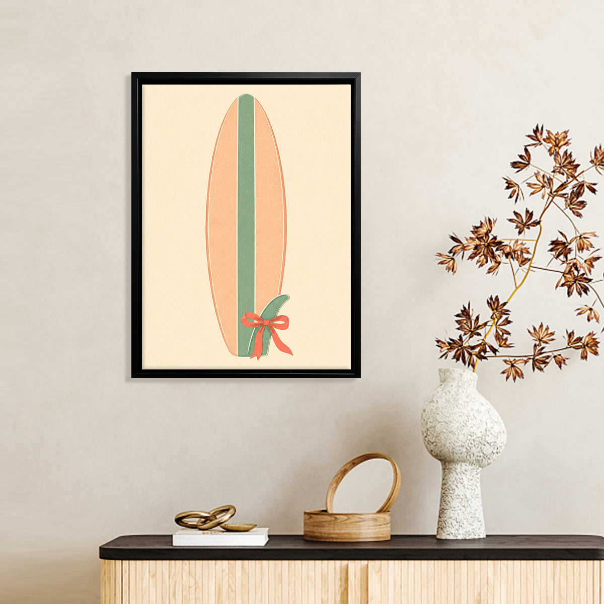 Framed Surfboard Art Print with Green Stripe and Red Bow, Retro Style, Perfect for Beach House Decor in California