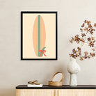 Framed Surfboard Art Print with Green Stripe and Red Bow, Retro Style, Perfect for Beach House Decor in California
