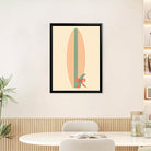 Framed Surfboard Art Print with Green Stripe and Red Bow, Retro Style, Perfect for Beach House Decor in California