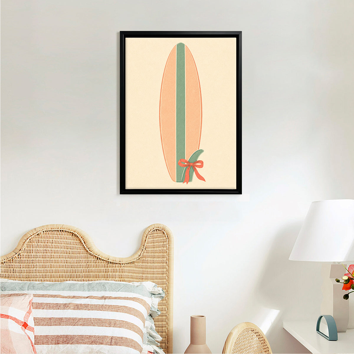 Framed Surfboard Art Print with Green Stripe and Red Bow, Retro Style, Perfect for Beach House Decor in California