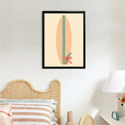 Framed Surfboard Art Print with Green Stripe and Red Bow, Retro Style, Perfect for Beach House Decor in California