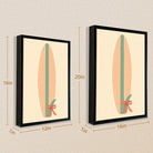 Framed Surfboard Art Print with Green Stripe and Red Bow, Retro Style, Perfect for Beach House Decor in California