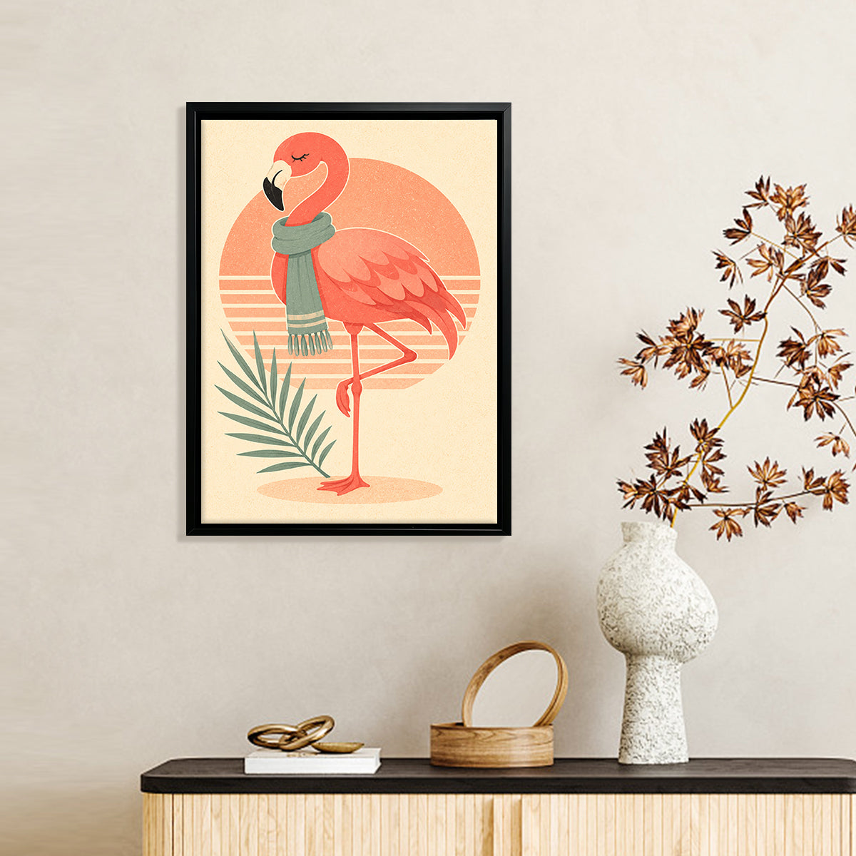 Framed Flamingo Art Print with Scarf, Retro Style, High-Quality Matte Finish, Perfect for Home Decor in Any Room