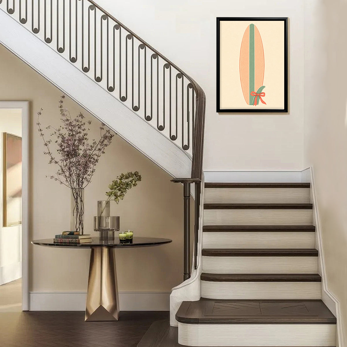 Framed Surfboard Art Print with Green Stripe and Red Bow, Retro Style, Perfect for Beach House Decor in California