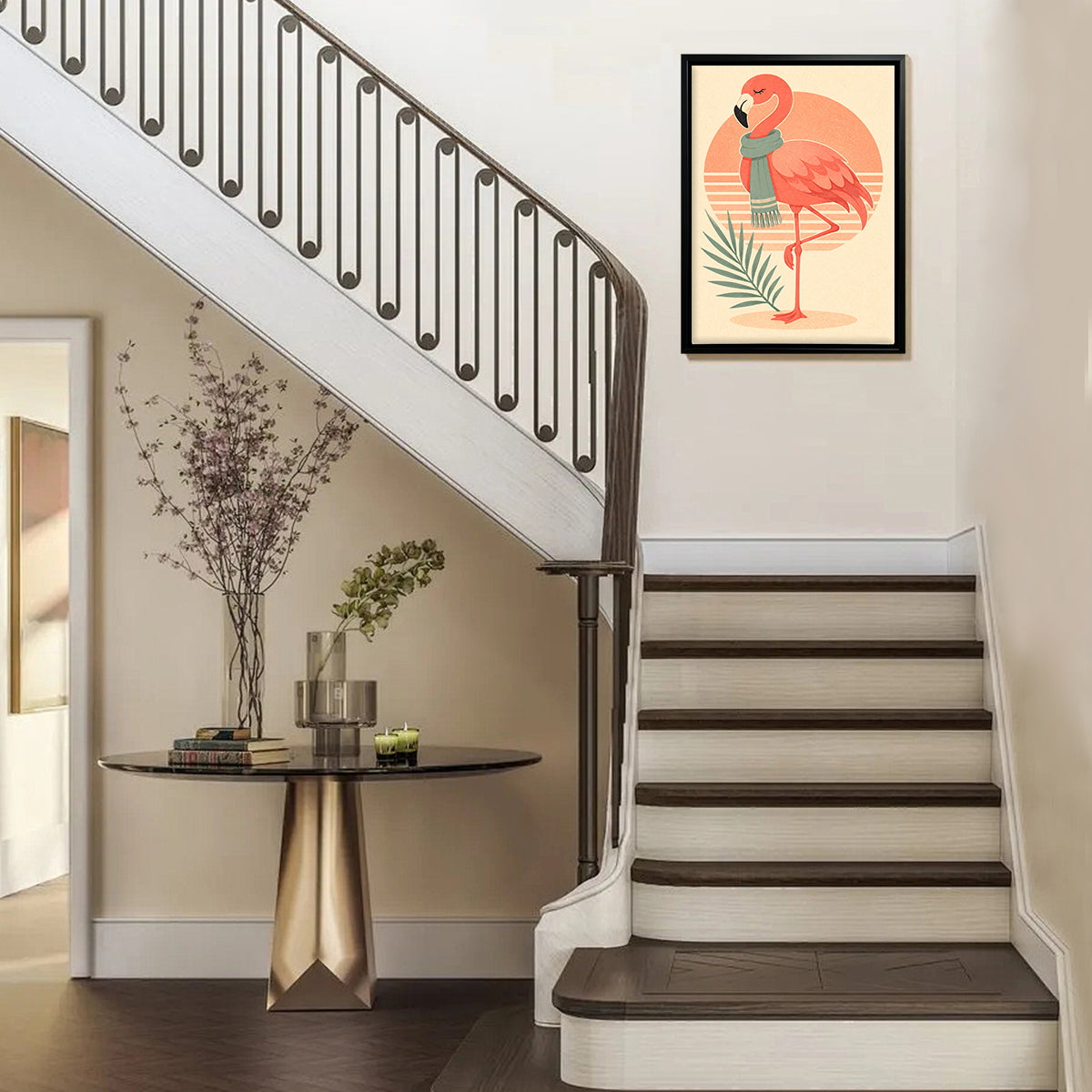 Framed Flamingo Art Print with Scarf, Retro Style, High-Quality Matte Finish, Perfect for Home Decor in Any Room