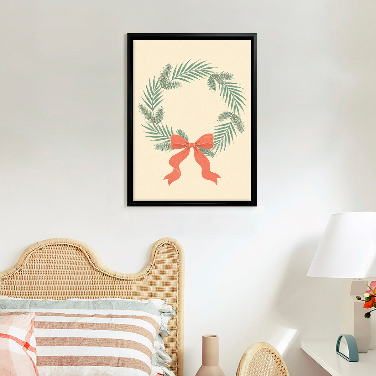 Framed Christmas Wreath Art Print with Red Bow, Vintage Style, High-Quality Paper, Perfect for Home Decor in California