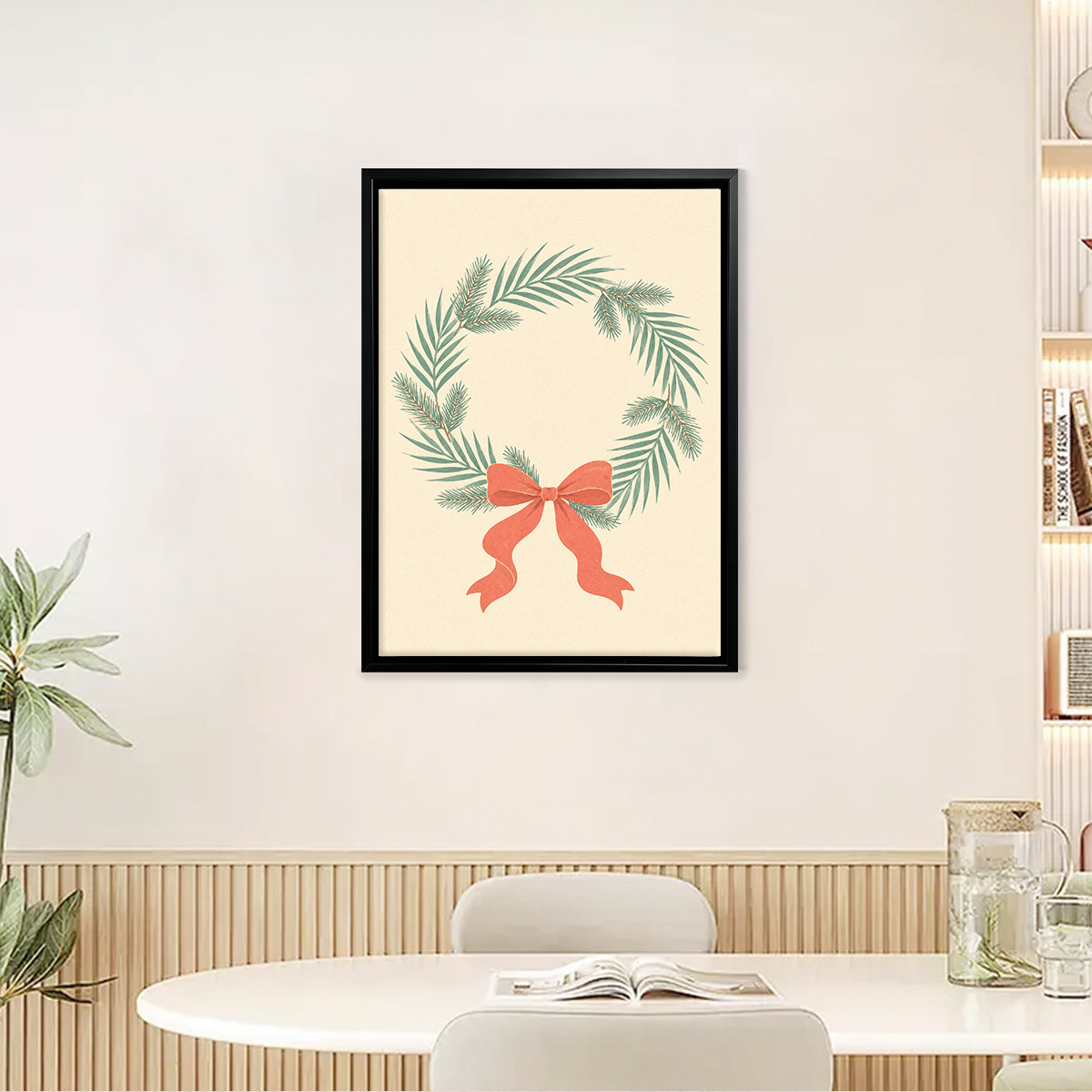 Framed Christmas Wreath Art Print with Red Bow, Vintage Style, High-Quality Paper, Perfect for Home Decor in California
