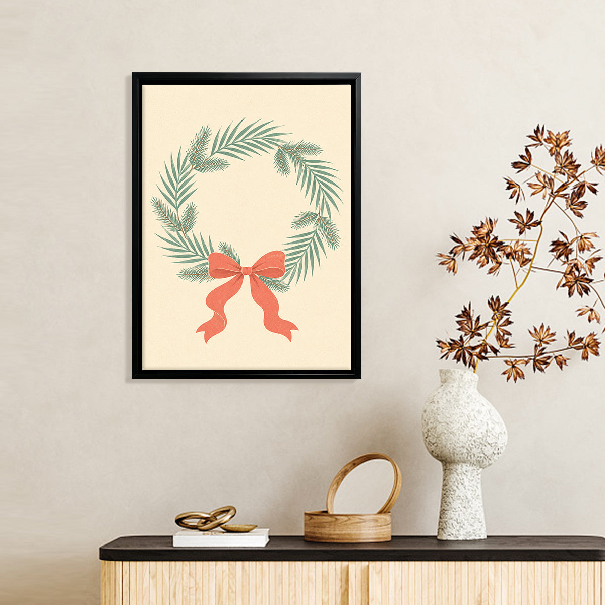 Framed Christmas Wreath Art Print with Red Bow, Vintage Style, High-Quality Paper, Perfect for Home Decor in California