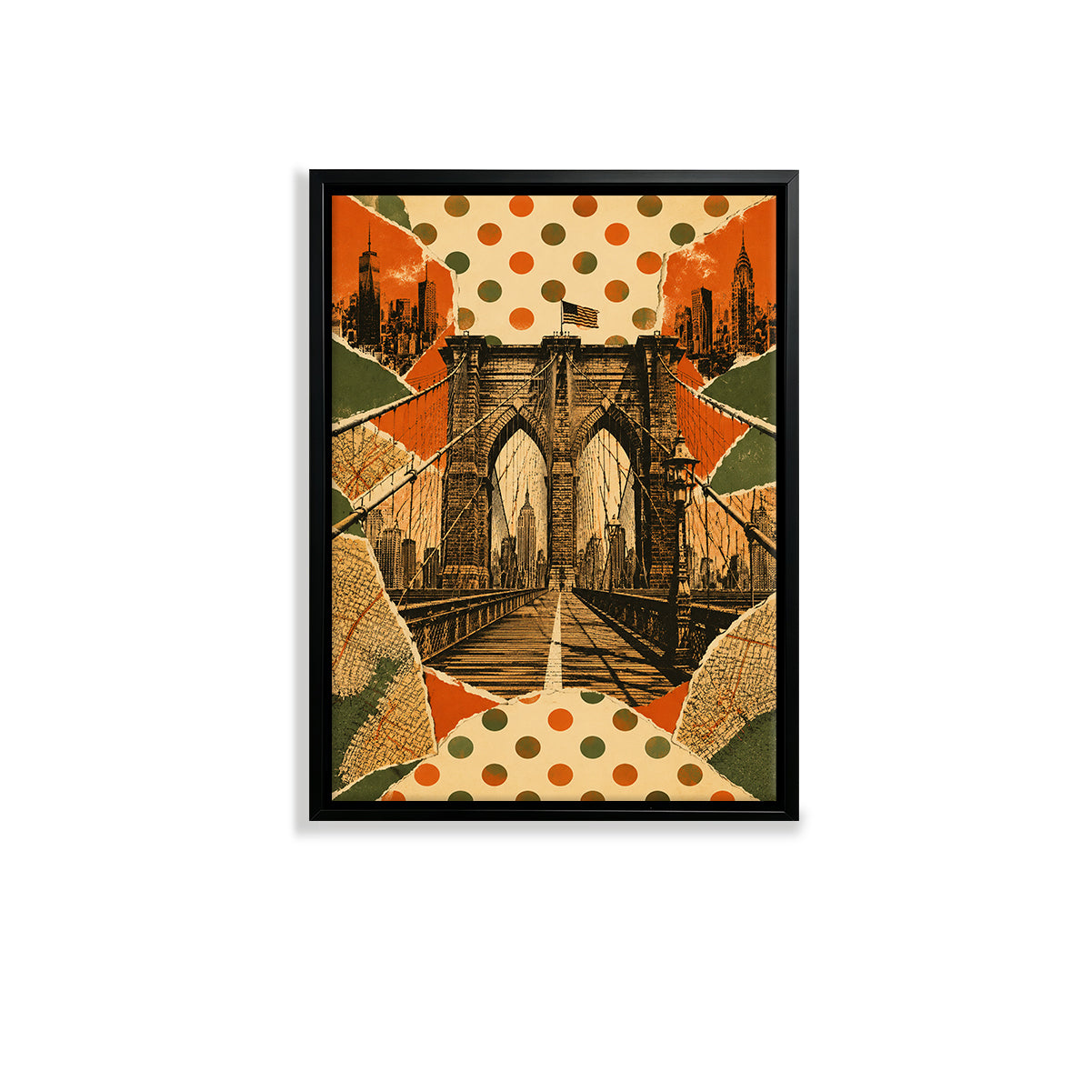 Framed Brooklyn Bridge Art Print with Polka Dot Collage Design, Vintage Style, Perfect for Home Decor in New York