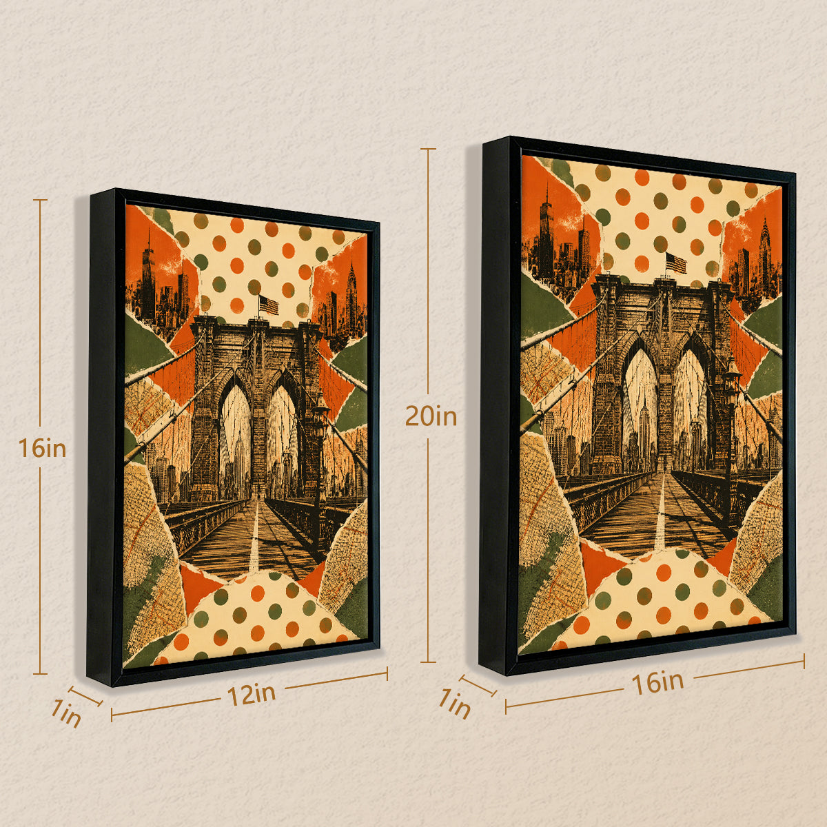 Framed Brooklyn Bridge Art Print with Polka Dot Collage Design, Vintage Style, Perfect for Home Decor in New York