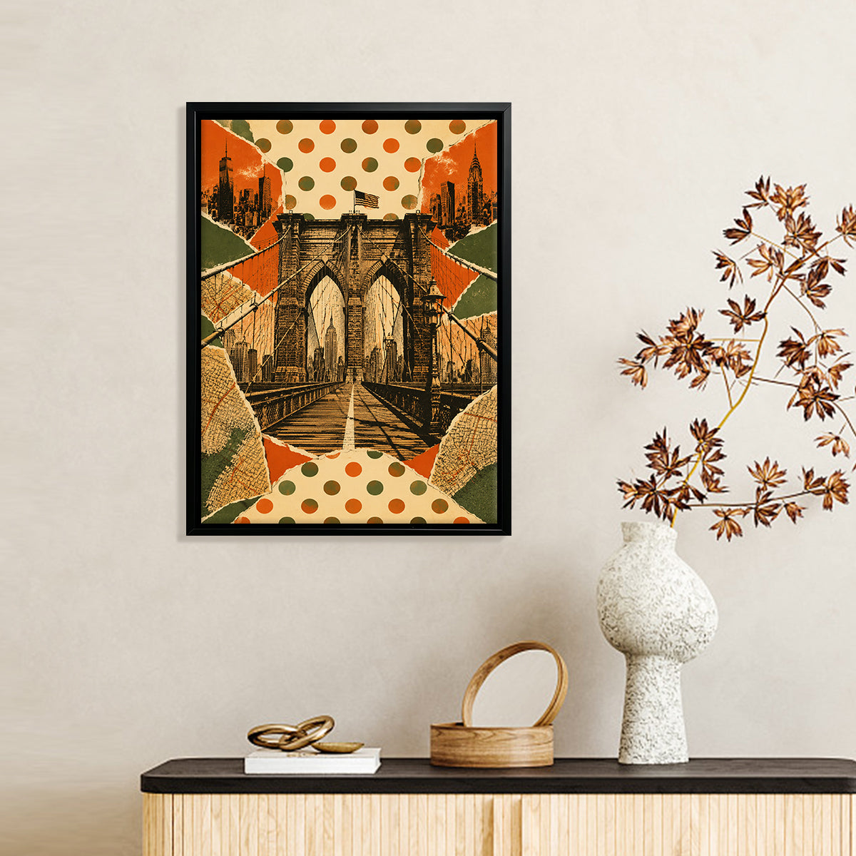Framed Brooklyn Bridge Art Print with Polka Dot Collage Design, Vintage Style, Perfect for Home Decor in New York