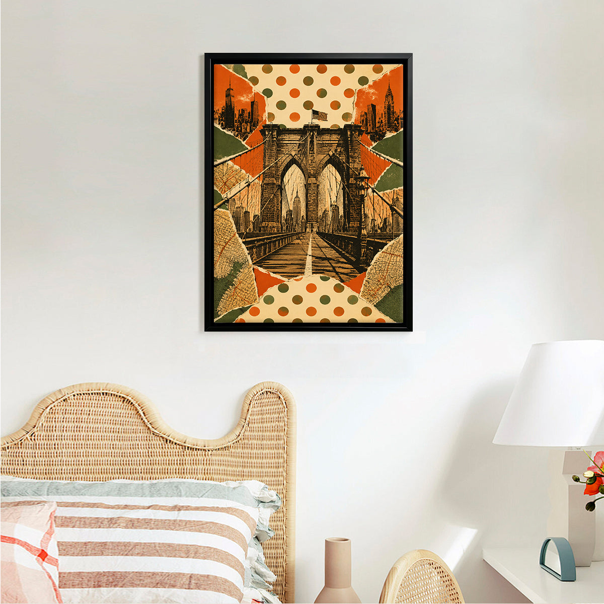 Framed Brooklyn Bridge Art Print with Polka Dot Collage Design, Vintage Style, Perfect for Home Decor in New York