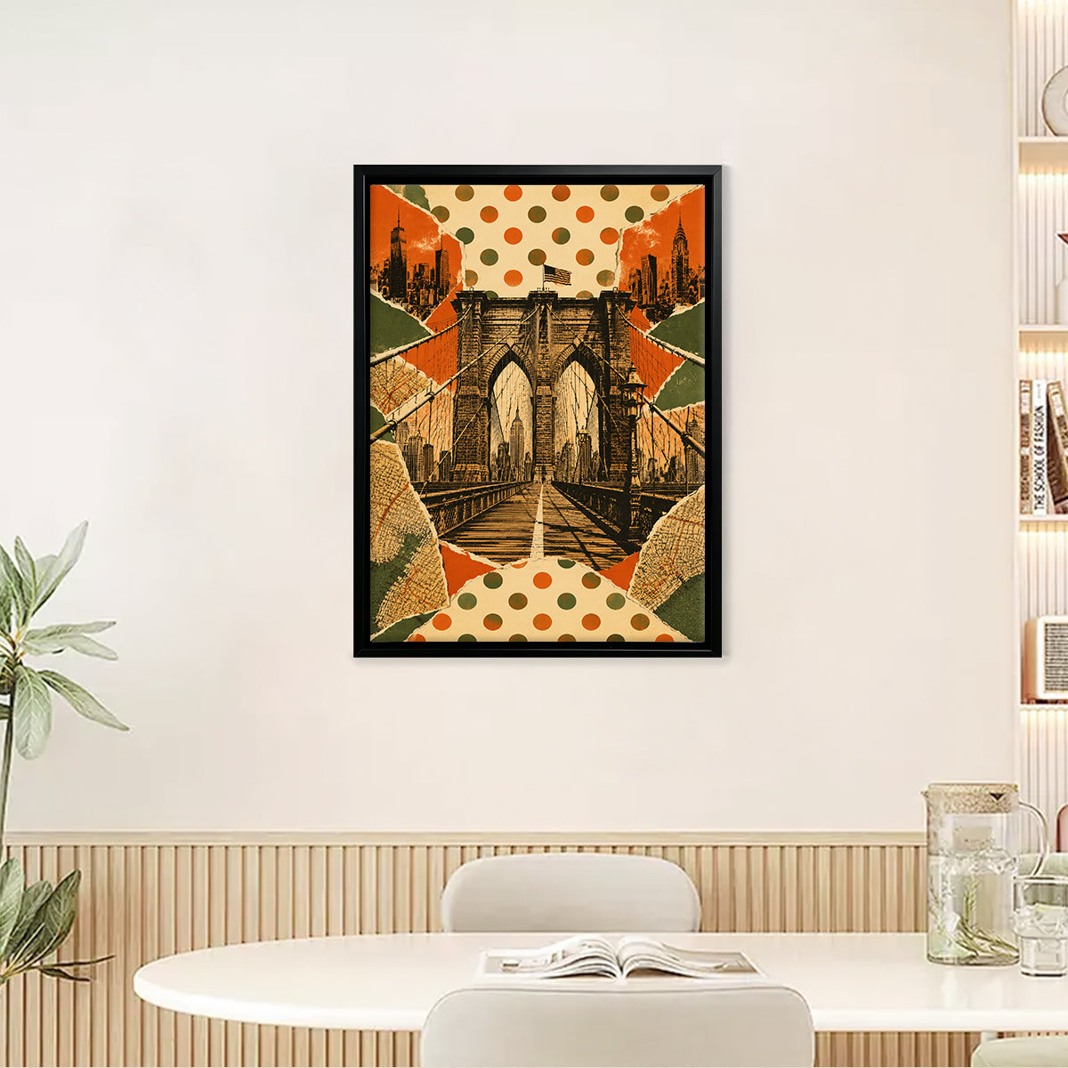 Framed Brooklyn Bridge Art Print with Polka Dot Collage Design, Vintage Style, Perfect for Home Decor in New York