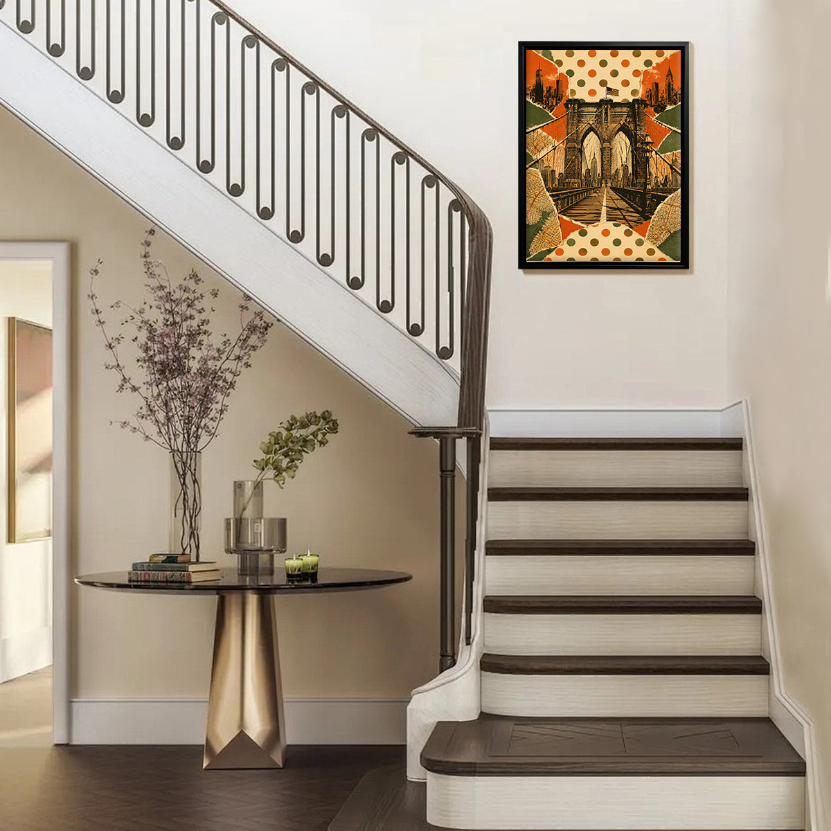 Framed Brooklyn Bridge Art Print with Polka Dot Collage Design, Vintage Style, Perfect for Home Decor in New York