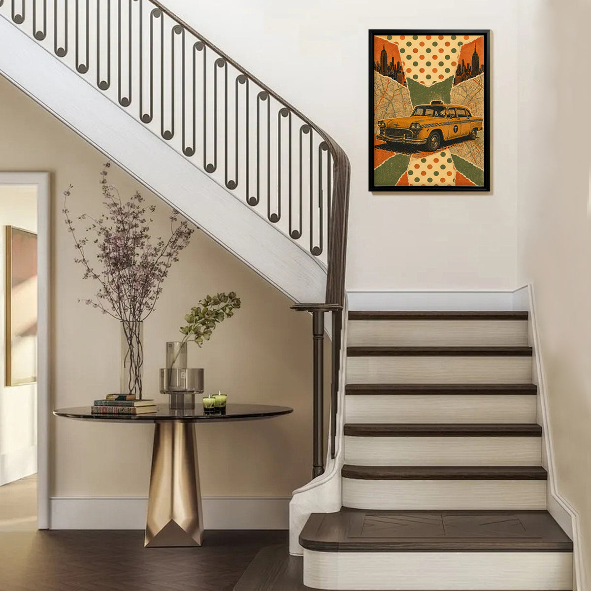 Framed Vintage New York Taxi Art Print, Retro Polka Dot Design, Perfect Home Decor for Living Room or Office