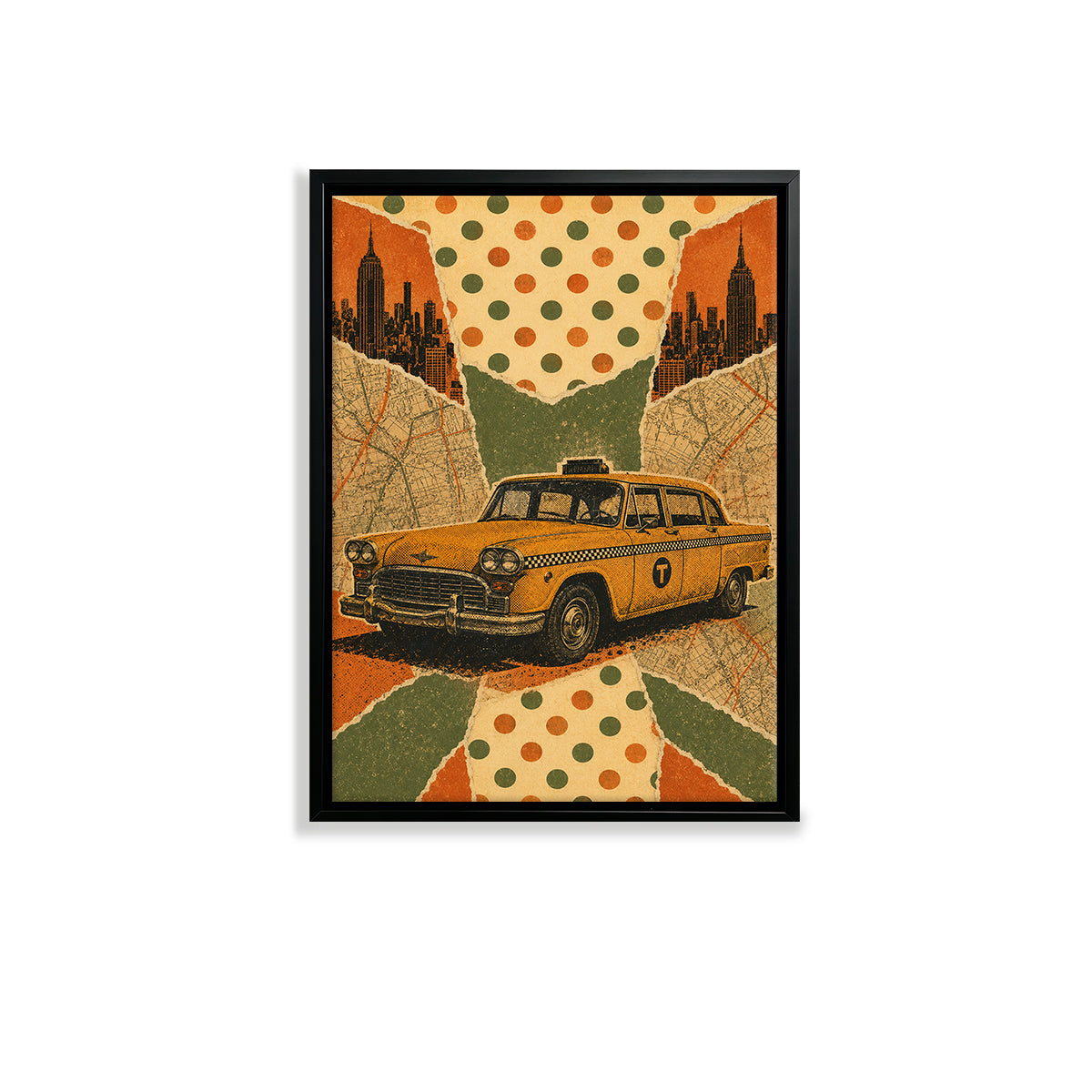 Framed Vintage New York Taxi Art Print, Retro Polka Dot Design, Perfect Home Decor for Living Room or Office