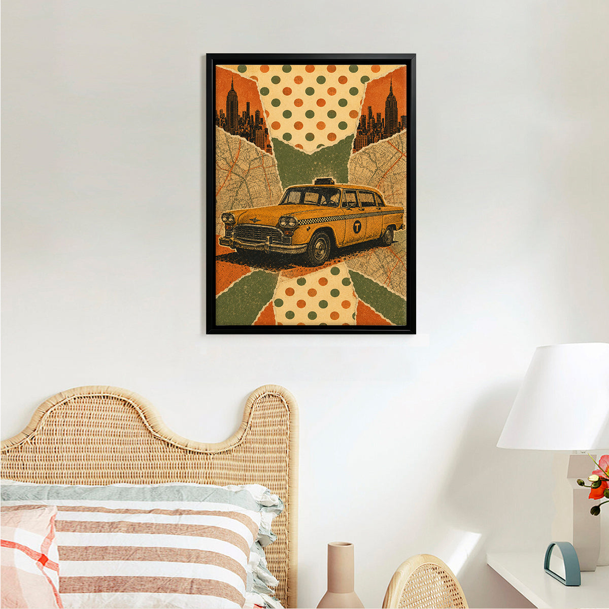 Framed Vintage New York Taxi Art Print, Retro Polka Dot Design, Perfect Home Decor for Living Room or Office