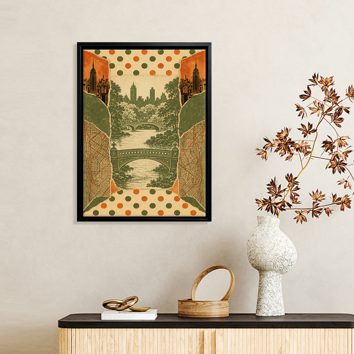 Framed Art Print Featuring Central Park Bridge Scene, Vintage Style, High-Quality Matte Finish, Perfect for Home Decor in New York
