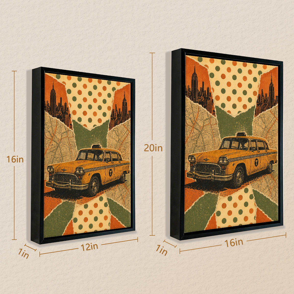 Framed Vintage New York Taxi Art Print, Retro Polka Dot Design, Perfect Home Decor for Living Room or Office