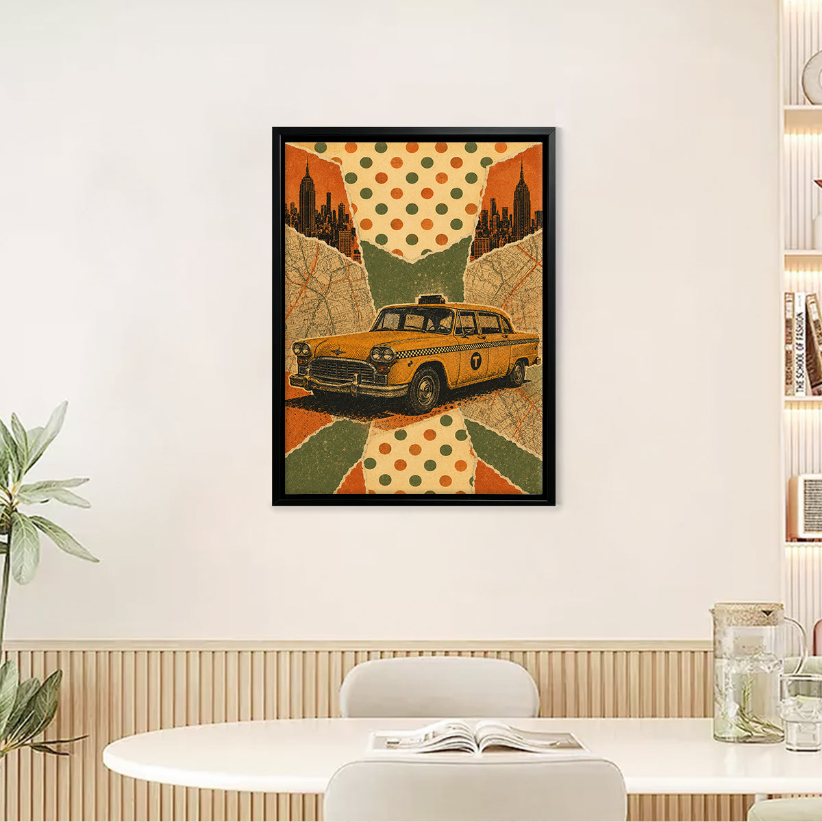 Framed Vintage New York Taxi Art Print, Retro Polka Dot Design, Perfect Home Decor for Living Room or Office
