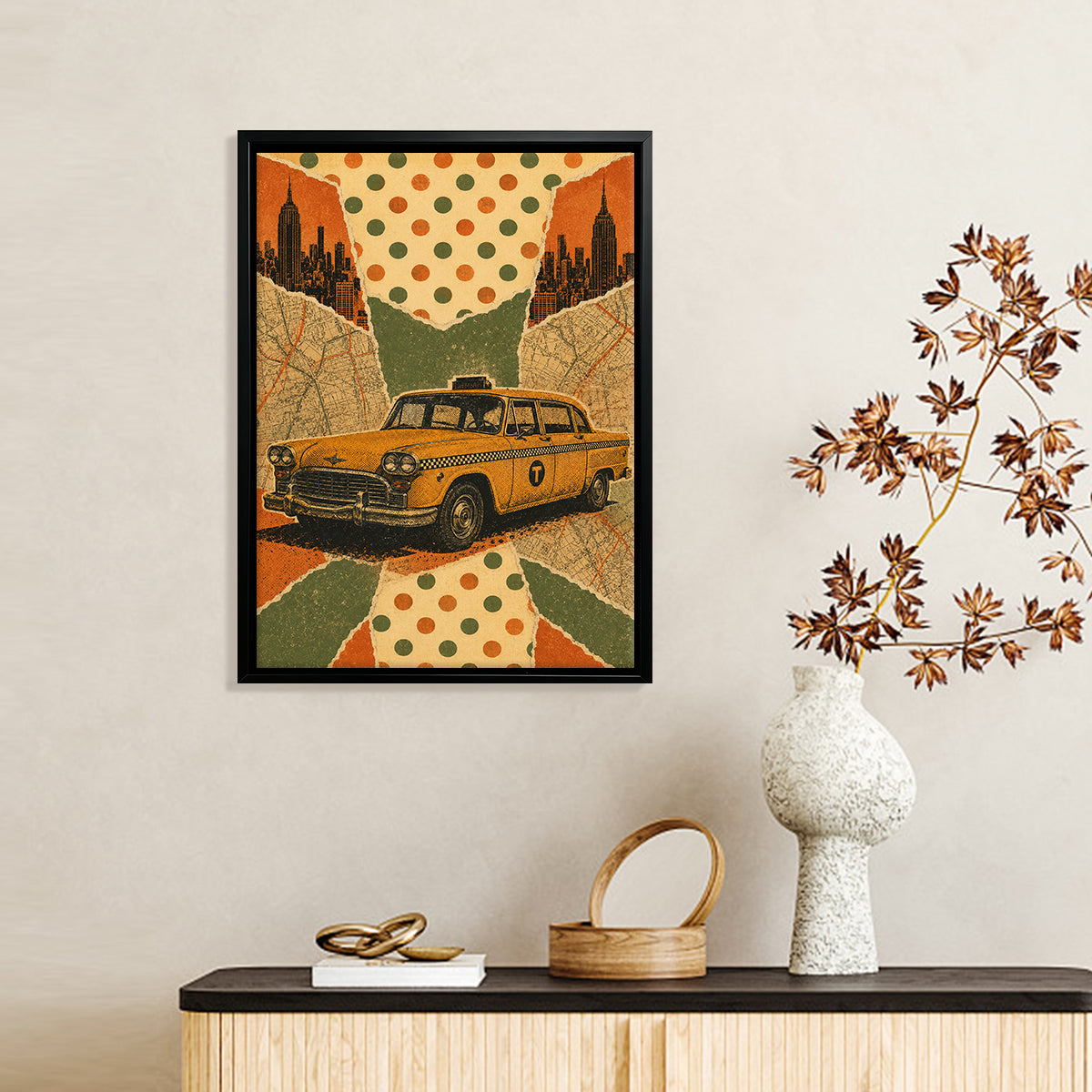 Framed Vintage New York Taxi Art Print, Retro Polka Dot Design, Perfect Home Decor for Living Room or Office
