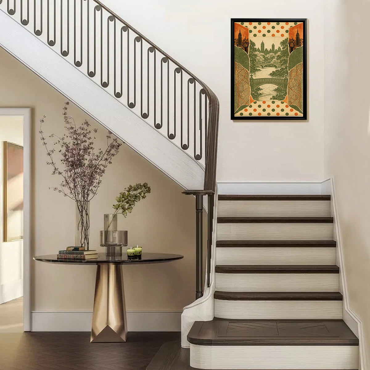 Framed Art Print Featuring Central Park Bridge Scene, Vintage Style, High-Quality Matte Finish, Perfect for Home Decor in New York