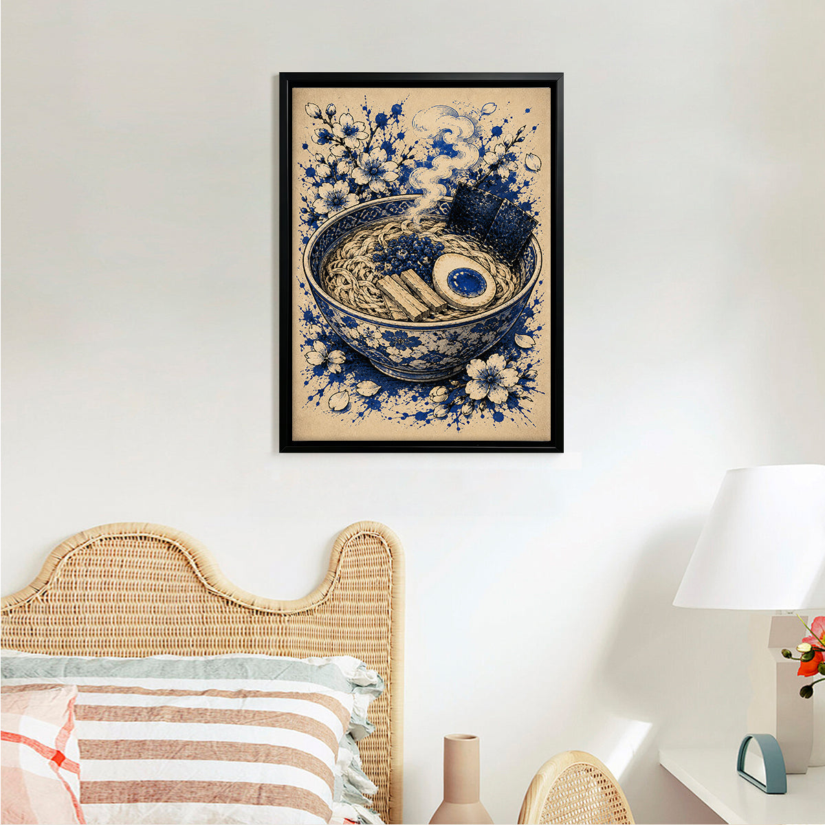 Framed Ramen Bowl Art Print with Cherry Blossoms, Blue and White Style, Perfect Home Decor for Kitchen or Dining Room