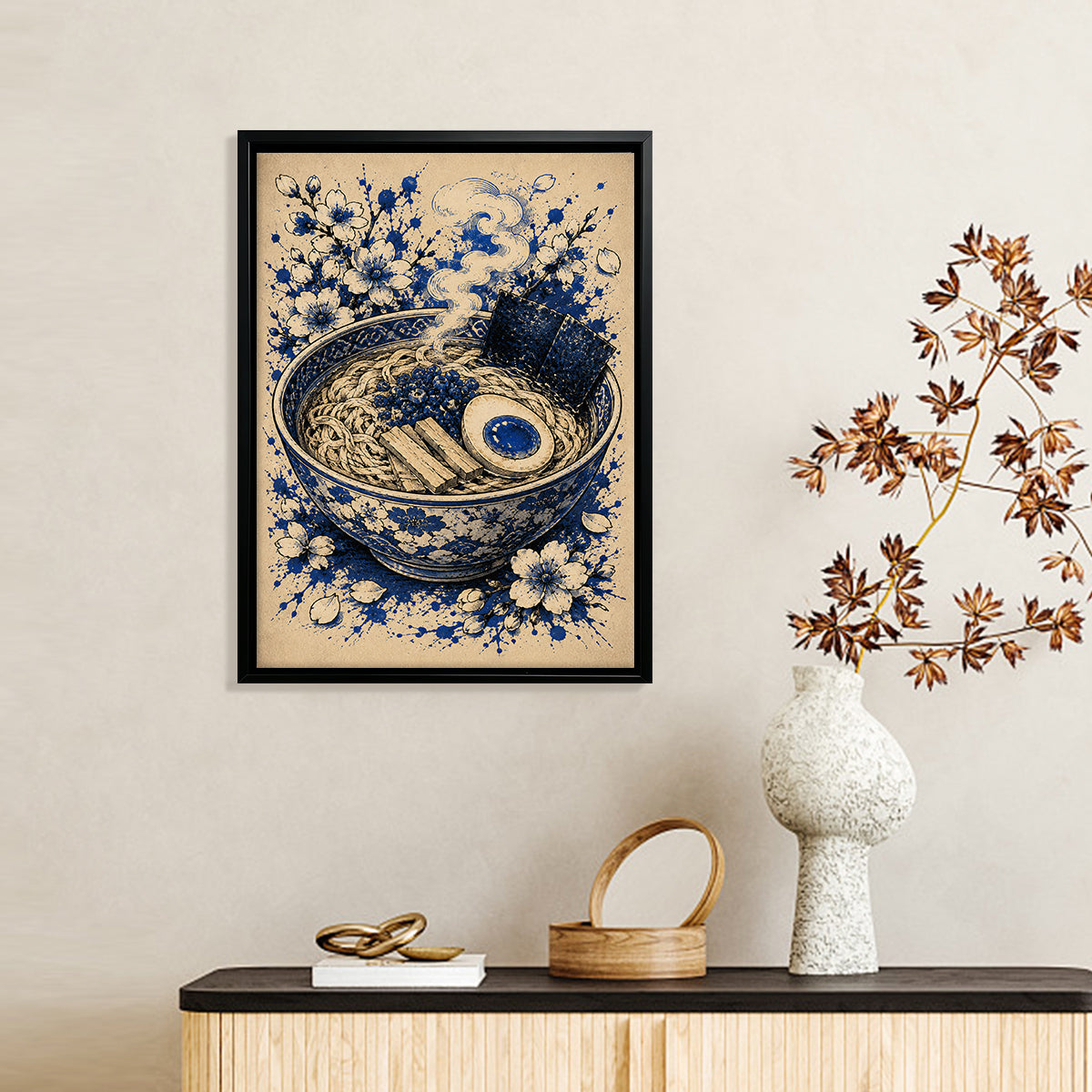 Framed Ramen Bowl Art Print with Cherry Blossoms, Blue and White Style, Perfect Home Decor for Kitchen or Dining Room