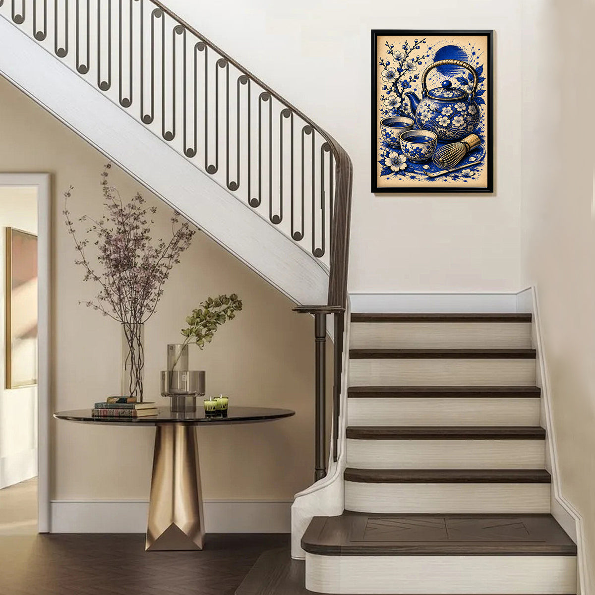 Blue Floral Tea Set Framed Art Print, Vintage-Inspired Home Decor for Living Room or Bedroom