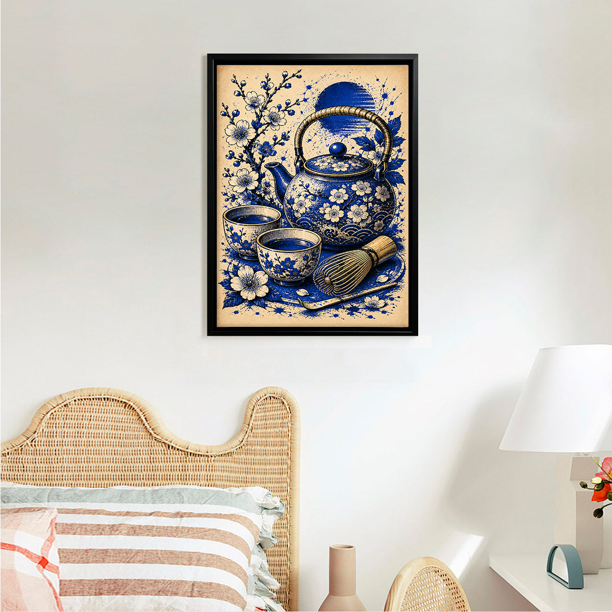Blue Floral Tea Set Framed Art Print, Vintage-Inspired Home Decor for Living Room or Bedroom