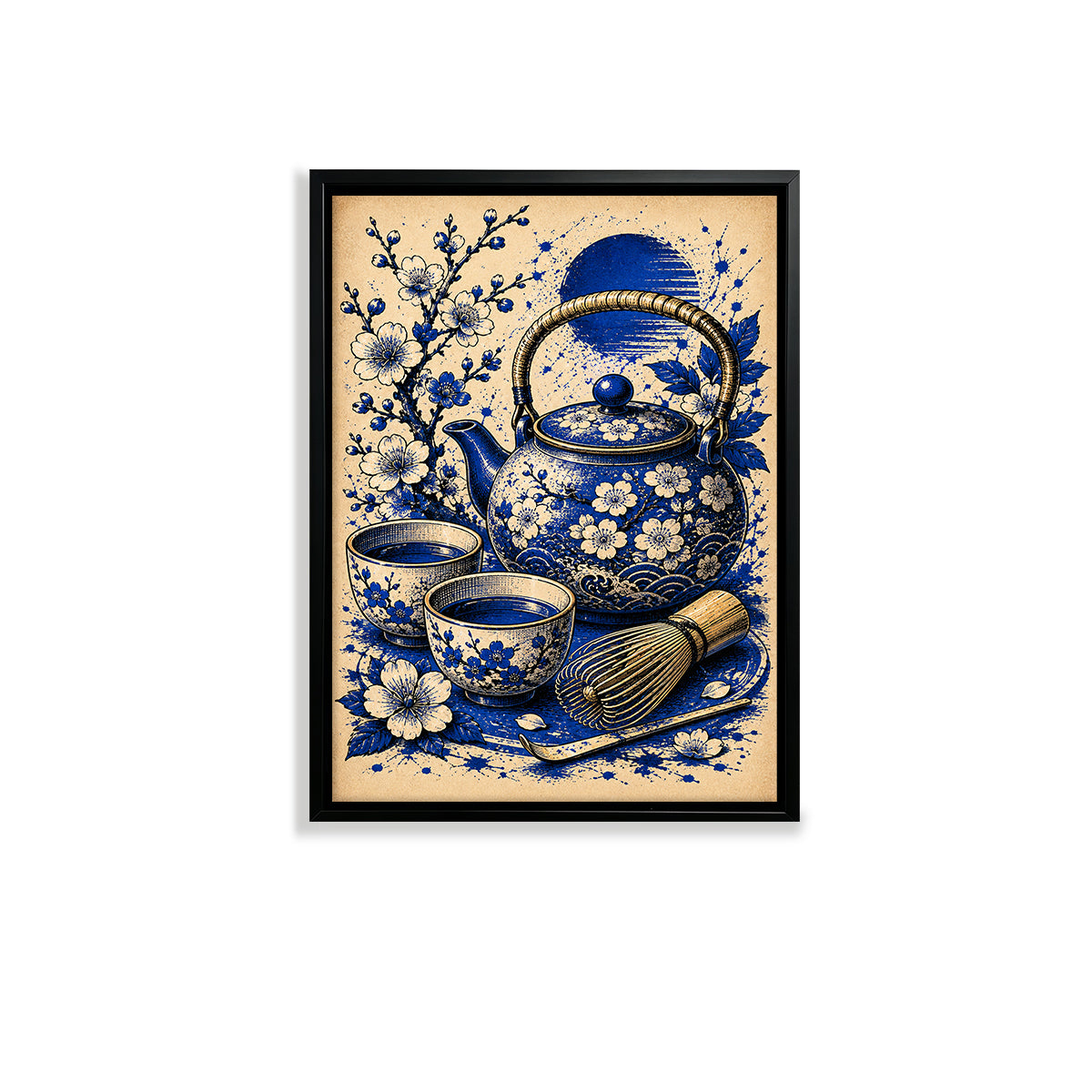 Blue Floral Tea Set Framed Art Print, Vintage-Inspired Home Decor for Living Room or Bedroom