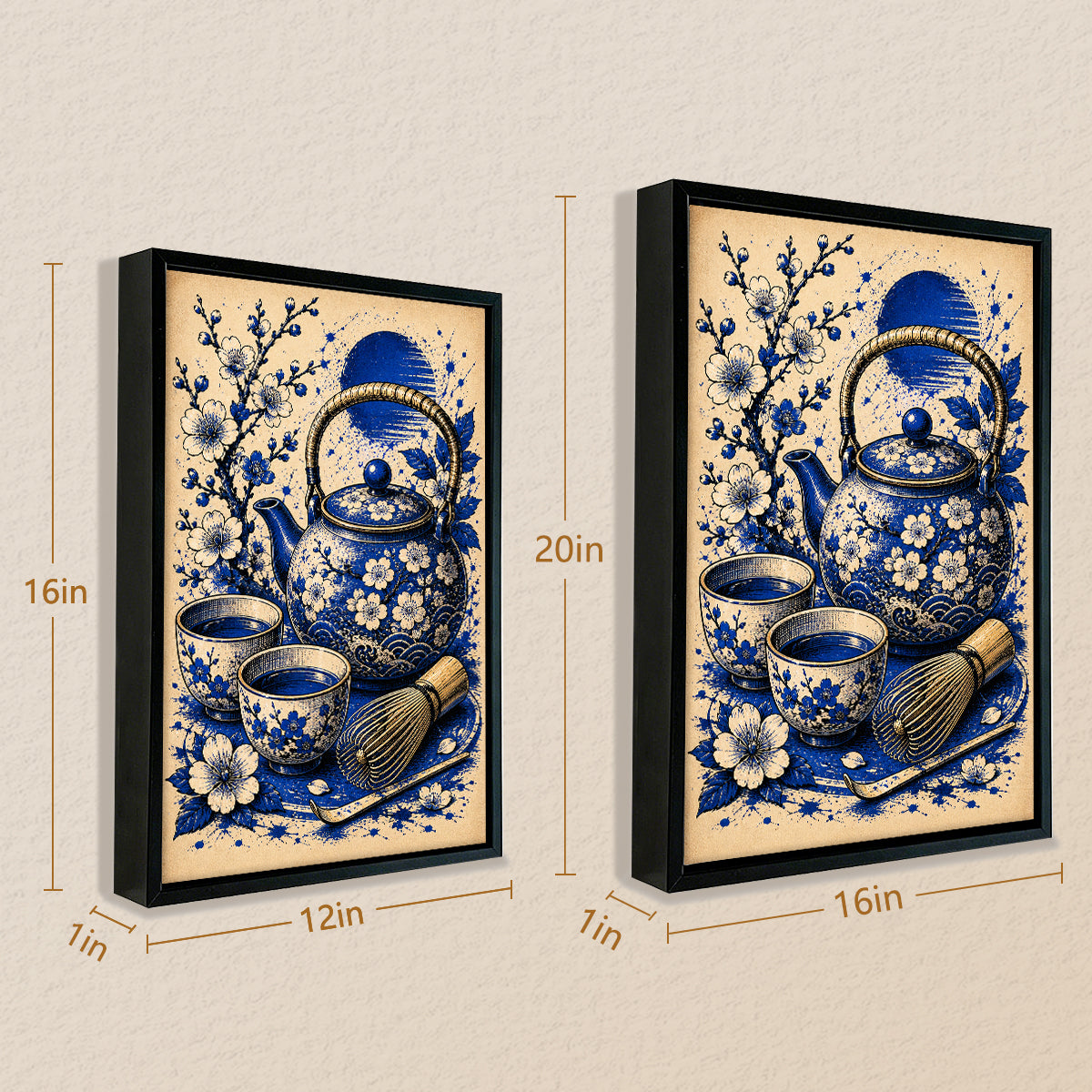 Blue Floral Tea Set Framed Art Print, Vintage-Inspired Home Decor for Living Room or Bedroom