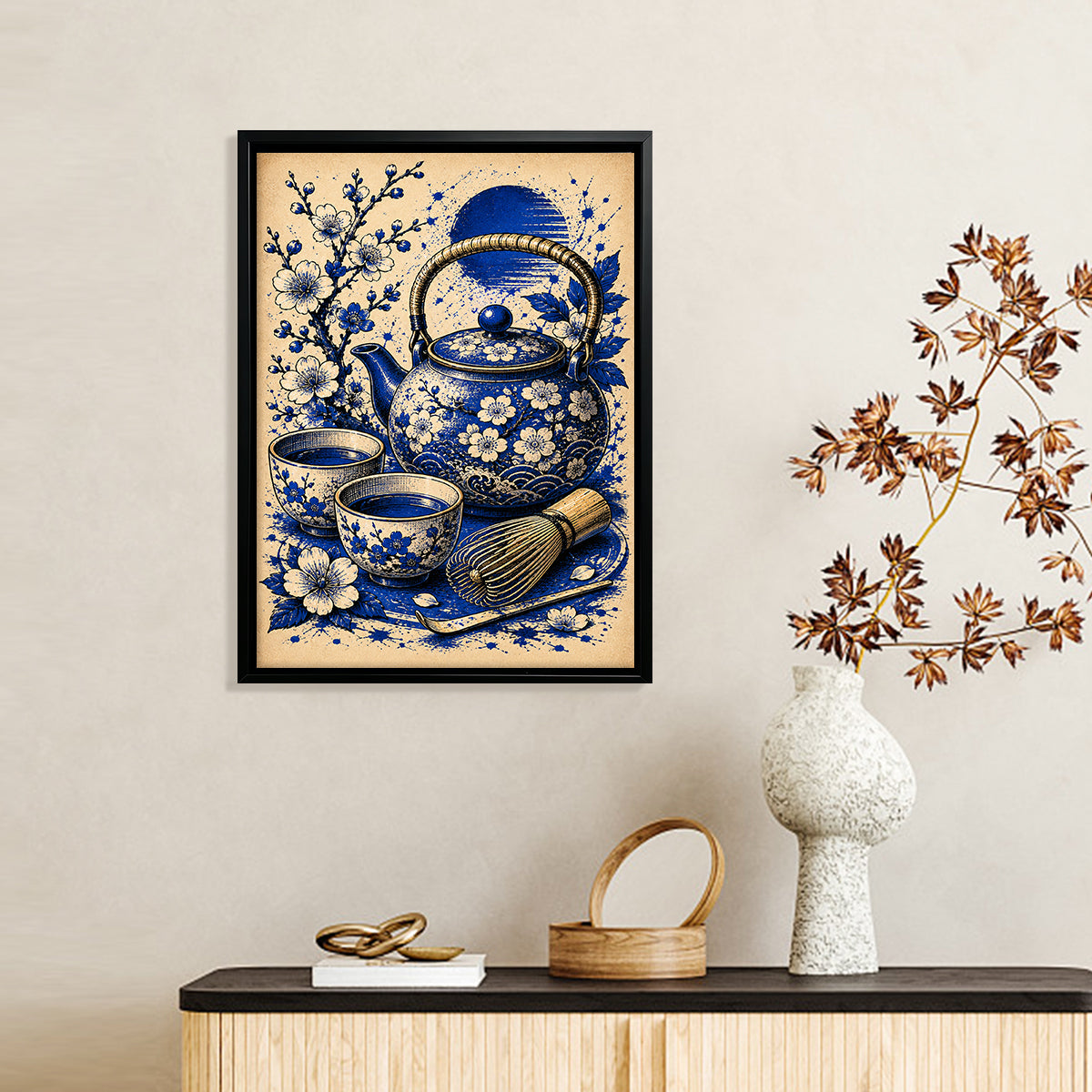 Blue Floral Tea Set Framed Art Print, Vintage-Inspired Home Decor for Living Room or Bedroom