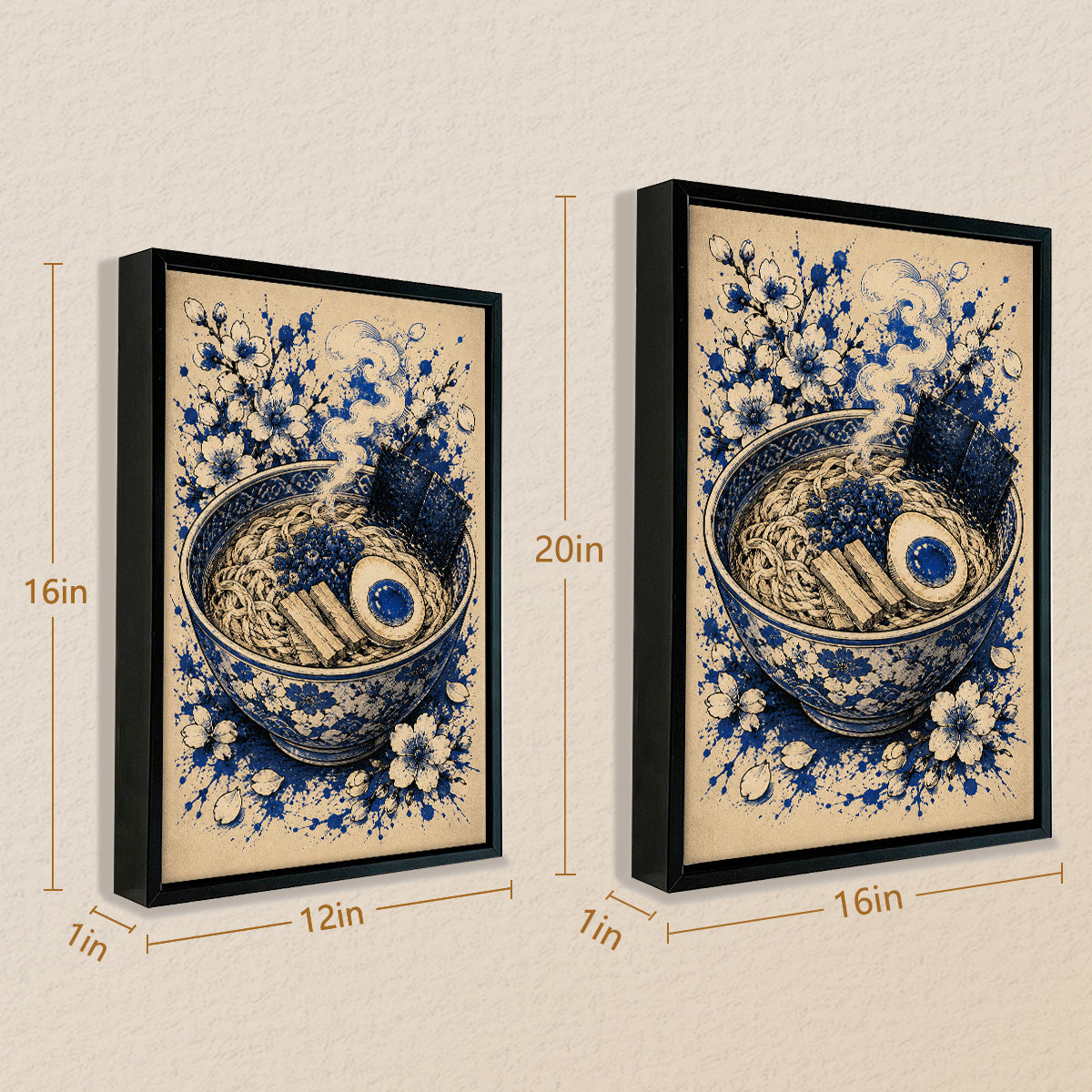 Framed Ramen Bowl Art Print with Cherry Blossoms, Blue and White Style, Perfect Home Decor for Kitchen or Dining Room