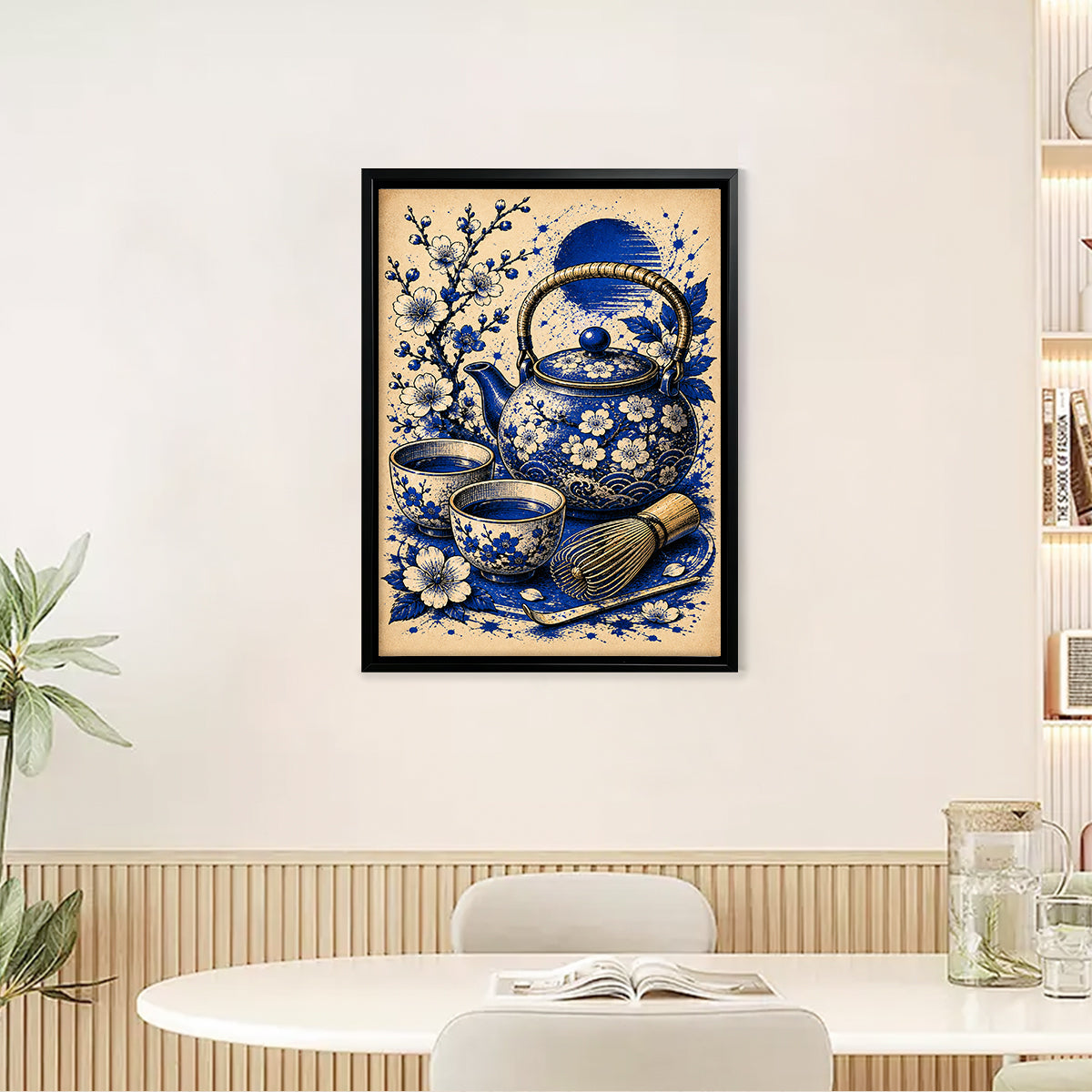 Blue Floral Tea Set Framed Art Print, Vintage-Inspired Home Decor for Living Room or Bedroom