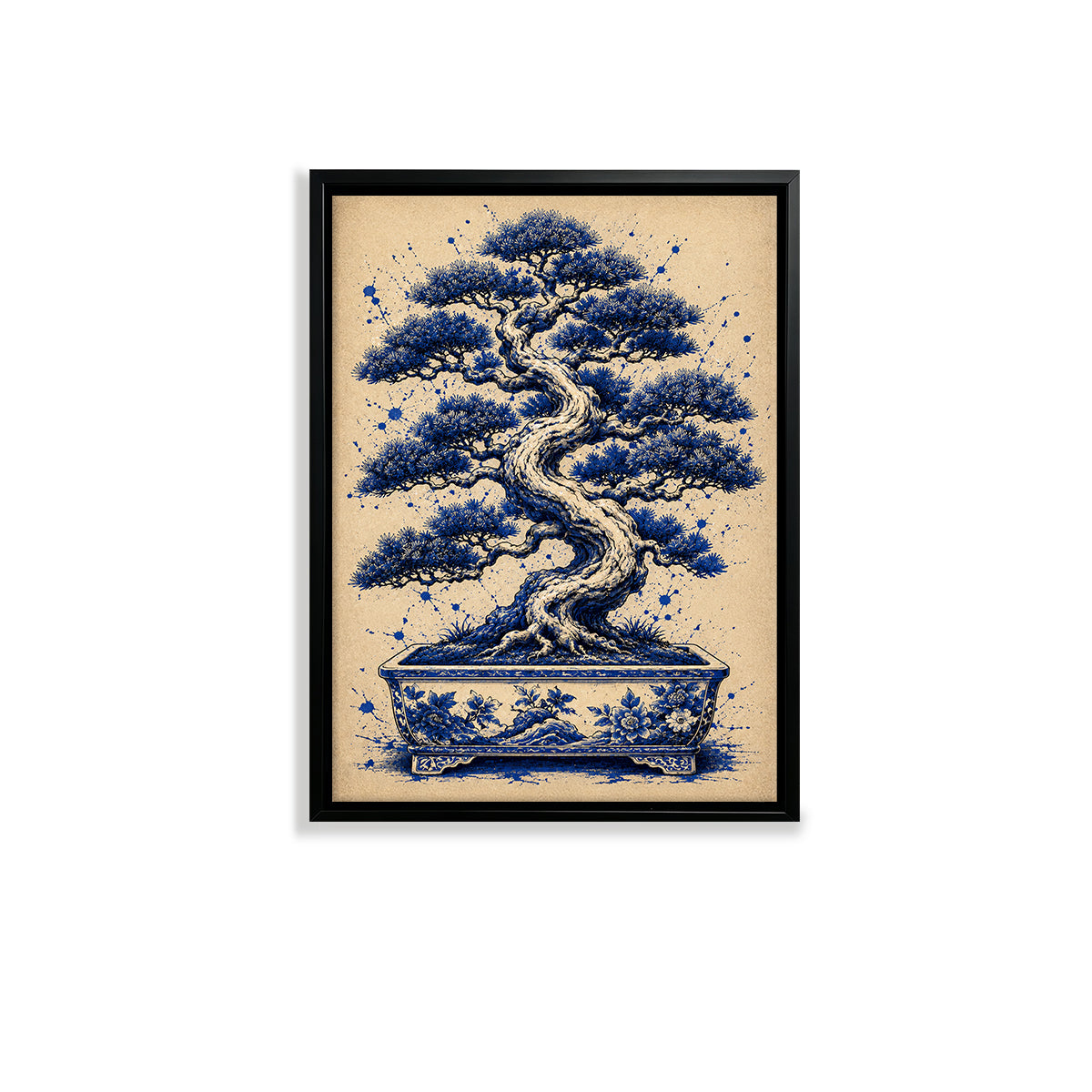 Framed Bonsai Tree Art Print, Blue & White Ceramic Pot Design, Elegant Home Decor for Living Room or Staircase