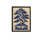 Framed Bonsai Tree Art Print, Blue & White Ceramic Pot Design, Elegant Home Decor for Living Room or Staircase