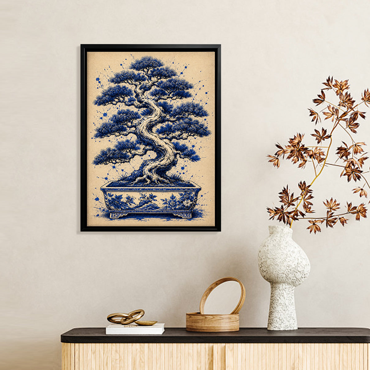 Framed Bonsai Tree Art Print, Blue & White Ceramic Pot Design, Elegant Home Decor for Living Room or Staircase