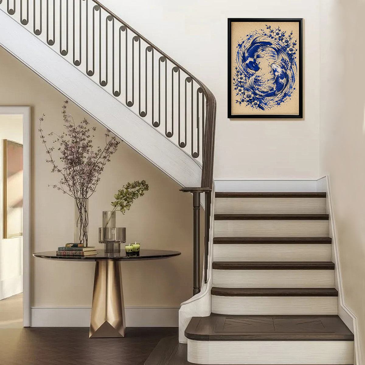 Framed Blue and White Koi Fish Art Print with Floral Design, Vintage Style Canvas for Home Decor