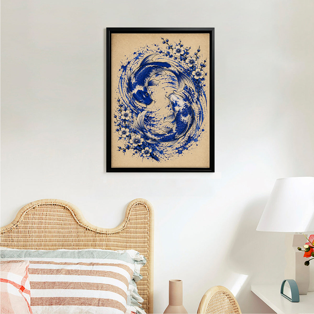 Framed Blue and White Koi Fish Art Print with Floral Design, Vintage Style Canvas for Home Decor