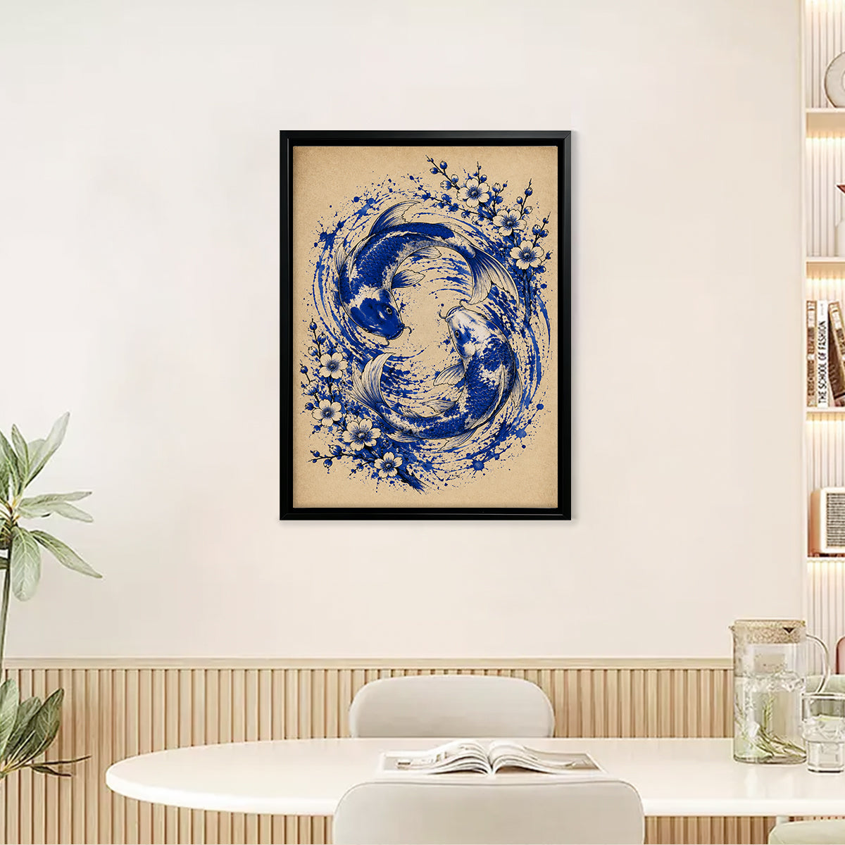 Framed Blue and White Koi Fish Art Print with Floral Design, Vintage Style Canvas for Home Decor
