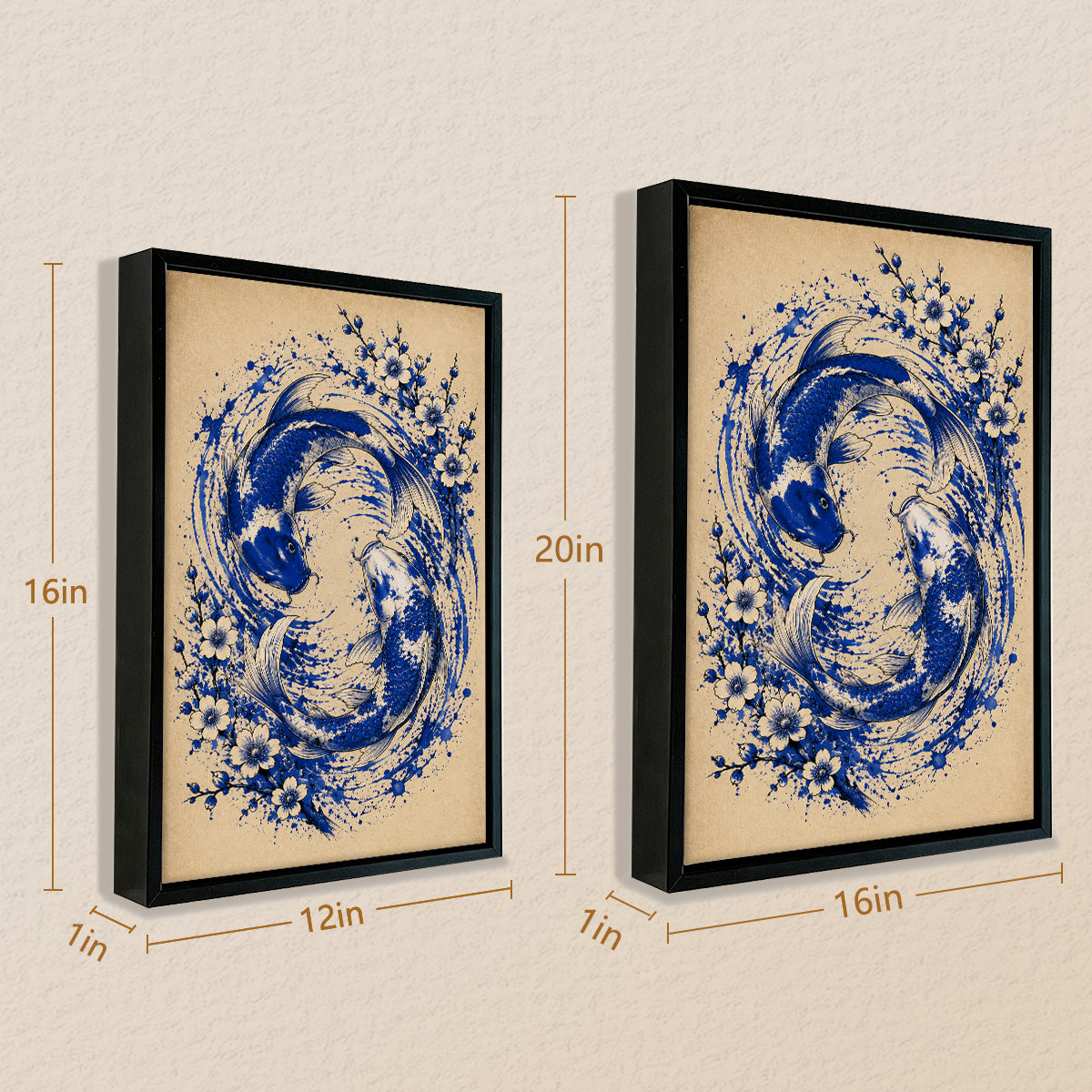 Framed Blue and White Koi Fish Art Print with Floral Design, Vintage Style Canvas for Home Decor