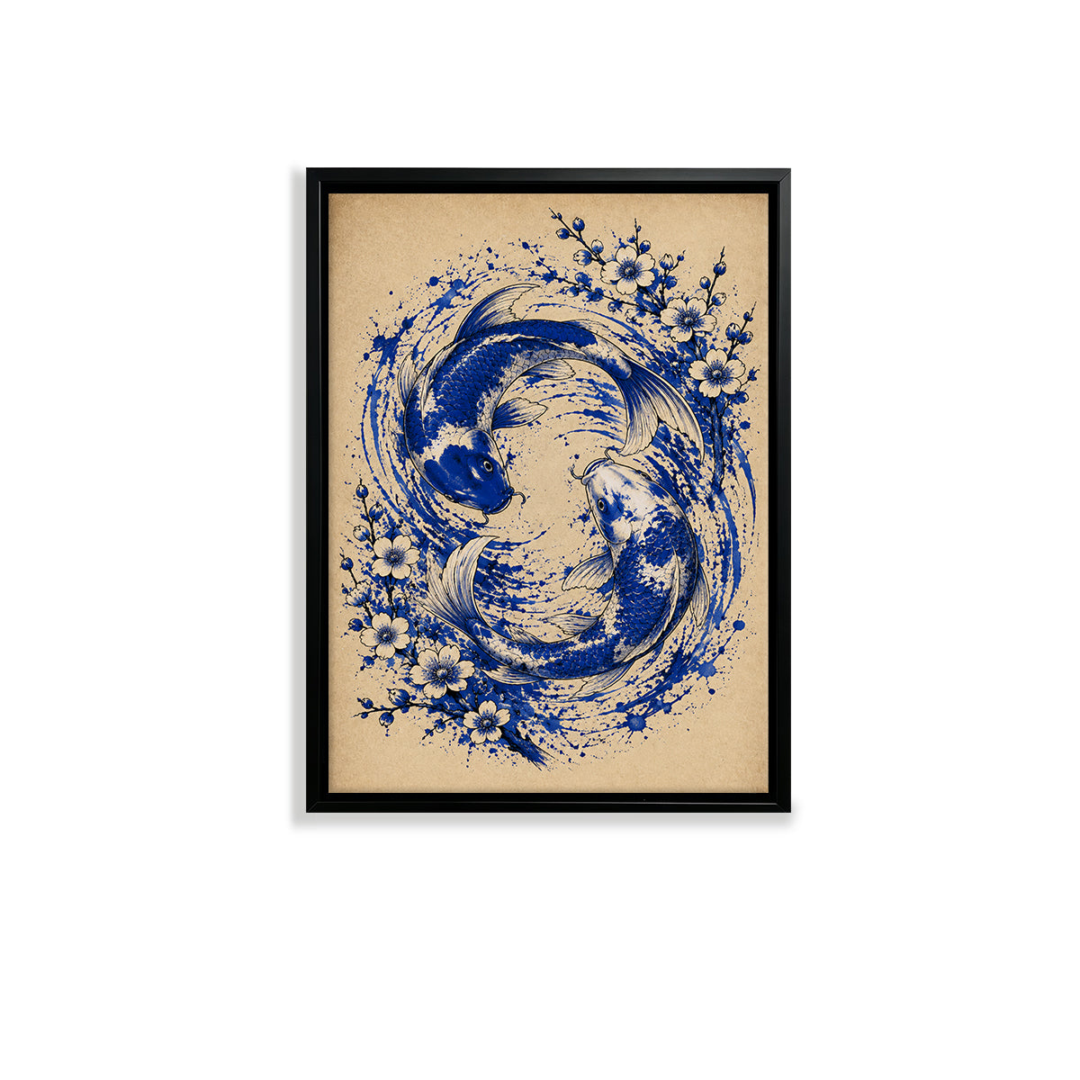 Framed Blue and White Koi Fish Art Print with Floral Design, Vintage Style Canvas for Home Decor