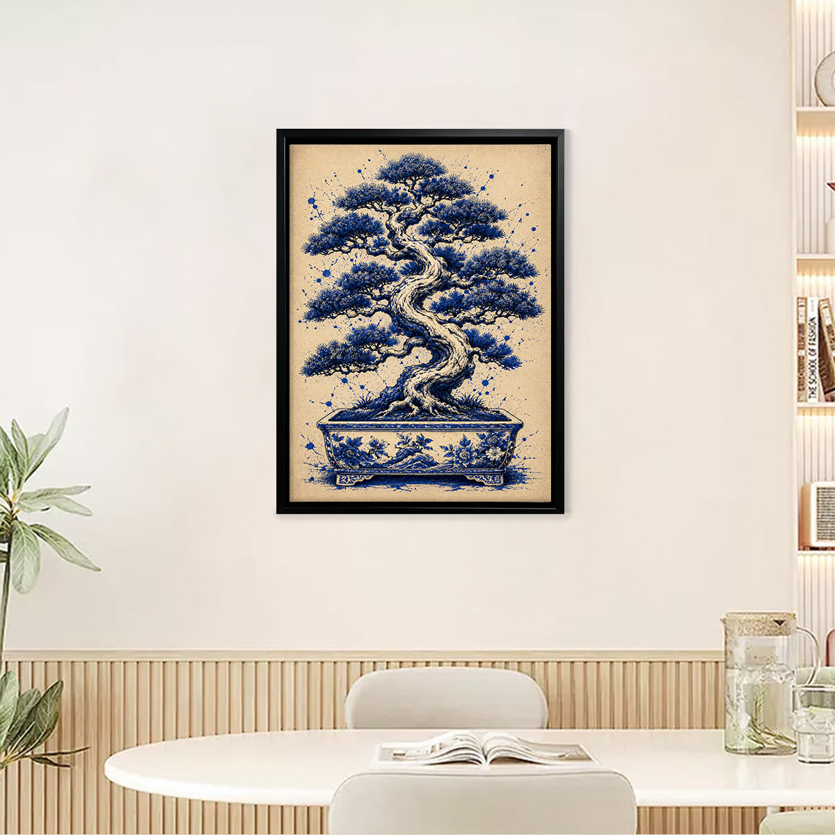 Framed Bonsai Tree Art Print, Blue & White Ceramic Pot Design, Elegant Home Decor for Living Room or Staircase