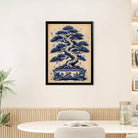 Framed Bonsai Tree Art Print, Blue & White Ceramic Pot Design, Elegant Home Decor for Living Room or Staircase